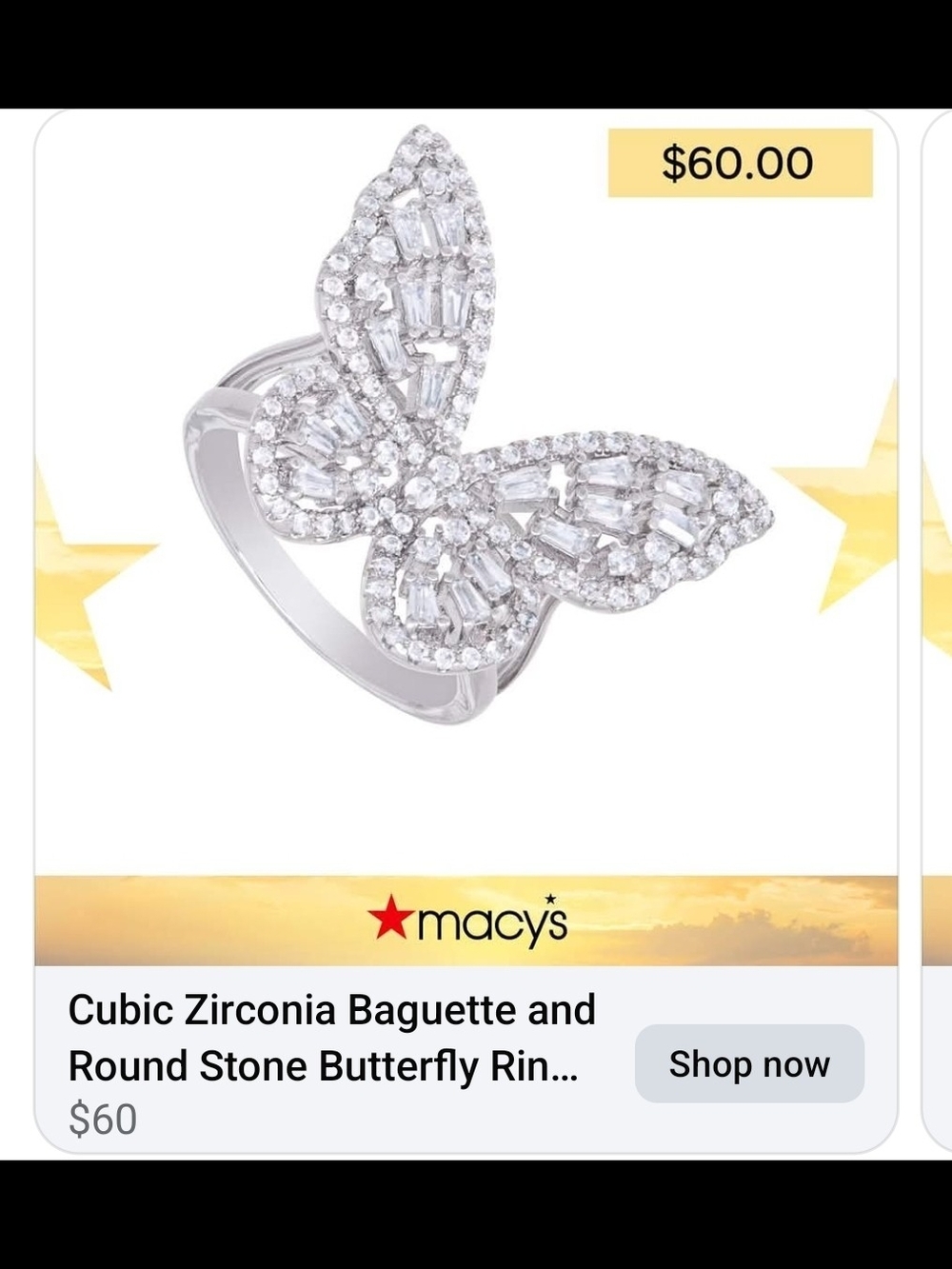 Macy's Silver Butterfly Ring with Clear Stones